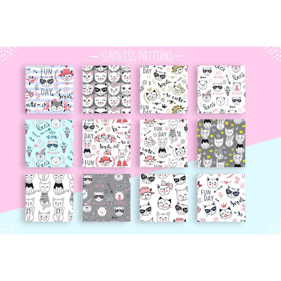 ID17314 - Funny Animals | Koleksi Ilustrasi Kucing, Beruang, & Rubah untuk Desain Kreatif