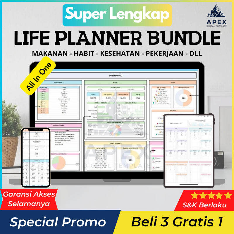 (ADL - 103) LIFE PLANNER LENGKAP 10 in 1 Template Keuangan Anggaran Budget Budgeting Habit Grocery To Do List Weight Health Meal Grocery Harian Minggu Bulanan Annual Planner Tracker Organizer Calculator Calender Dashboard Sheets & Excel
