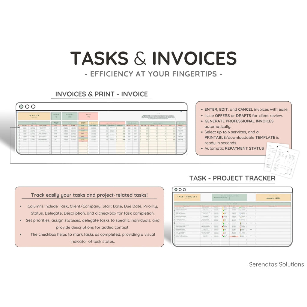 (ADL - 65) Pencatatan Keuangan untuk Bidang Jasa  Lengkap, All-in-One CRM & Bookkeeping Template: Task, Invoice Tracker, Client Management, and Financial Planner for Small Businesses and Entrepreneurs
