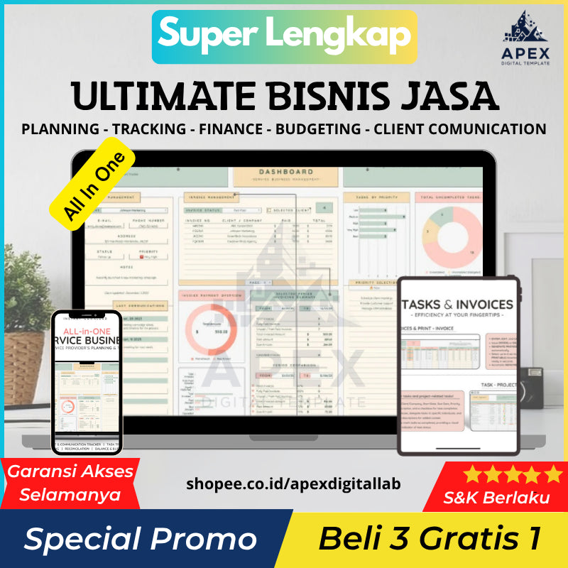 (ADL - 65) Pencatatan Keuangan untuk Bidang Jasa  Lengkap, All-in-One CRM & Bookkeeping Template: Task, Invoice Tracker, Client Management, and Financial Planner for Small Businesses and Entrepreneurs