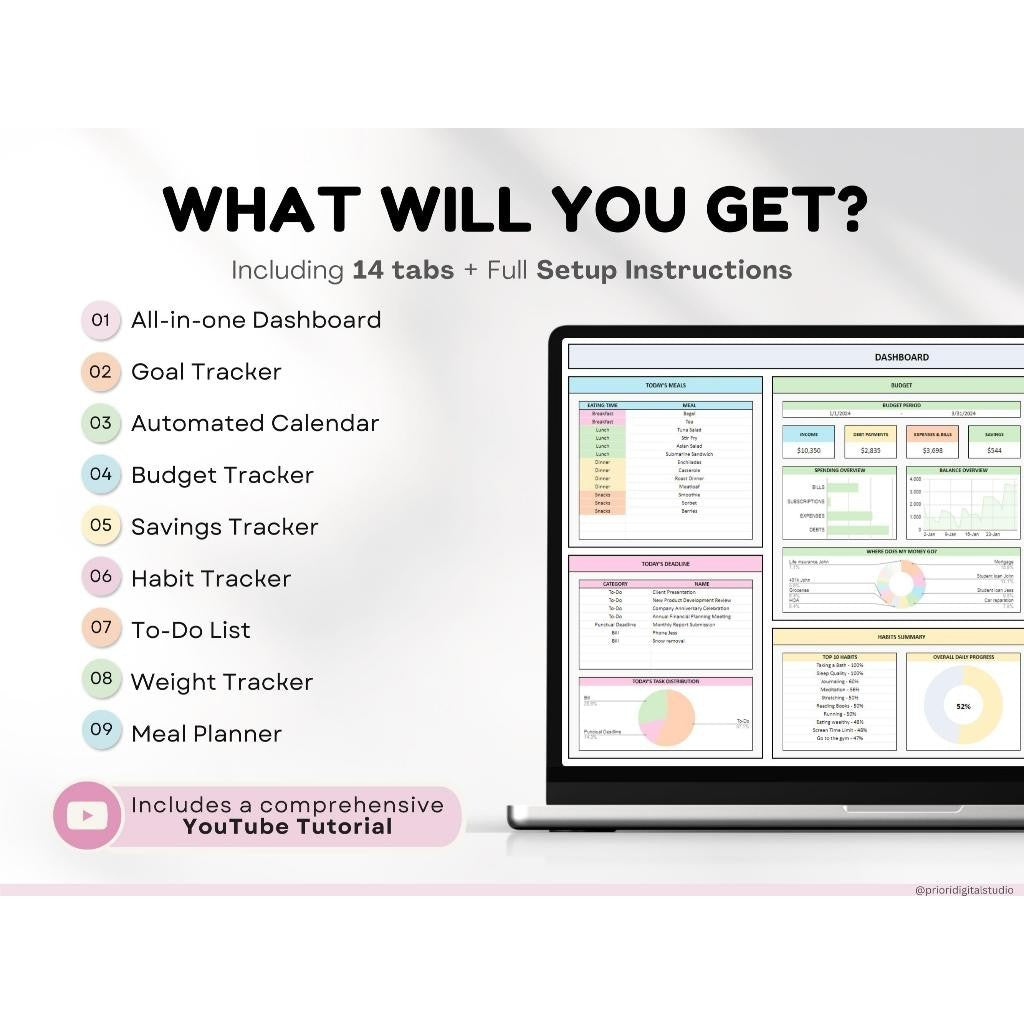 (ADL - 103) LIFE PLANNER LENGKAP 10 in 1 Template Keuangan Anggaran Budget Budgeting Habit Grocery To Do List Weight Health Meal Grocery Harian Minggu Bulanan Annual Planner Tracker Organizer Calculator Calender Dashboard Sheets & Excel