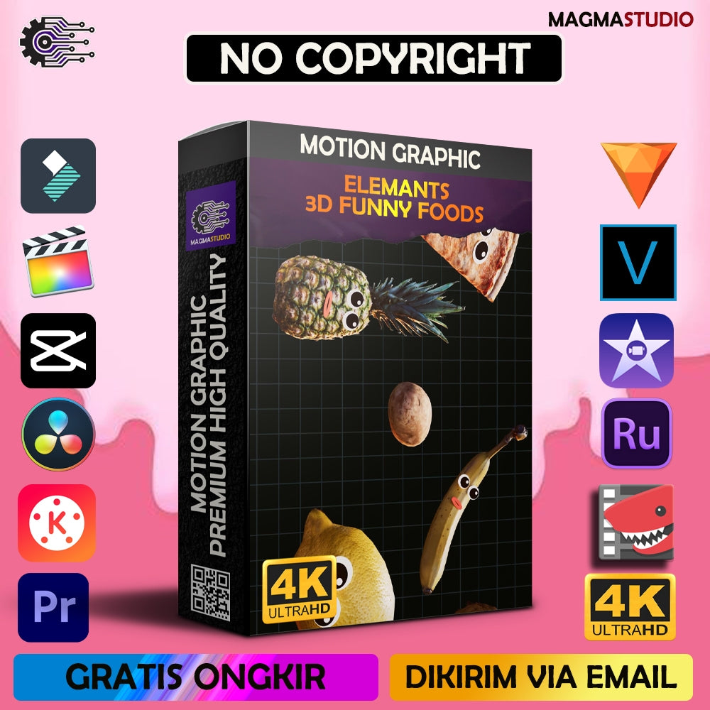 MOTION GRAPHIC ! PAKET  3D FUNNY FOODS ELEMENTS - Pelengkap Editing Video Tinggal DRAG & DROP