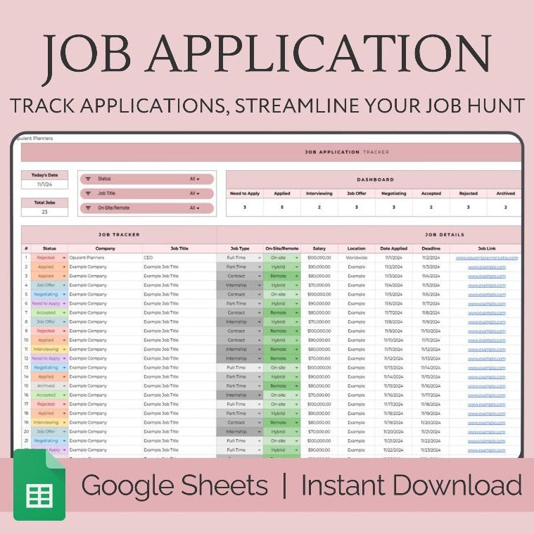 Job Application Tracker Spreadsheet | Google Sheets Job Planner Interview & Career Dashboard