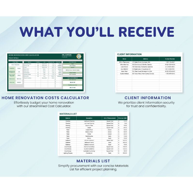 Home Renovation Costs Calculator Template Excel GSheet - Template Estimasi Biaya Renovasi Rumah Lengkap, Kalkulator Anggaran Renovasi, Perhitungan Material dan Biaya Tenaga Kerja