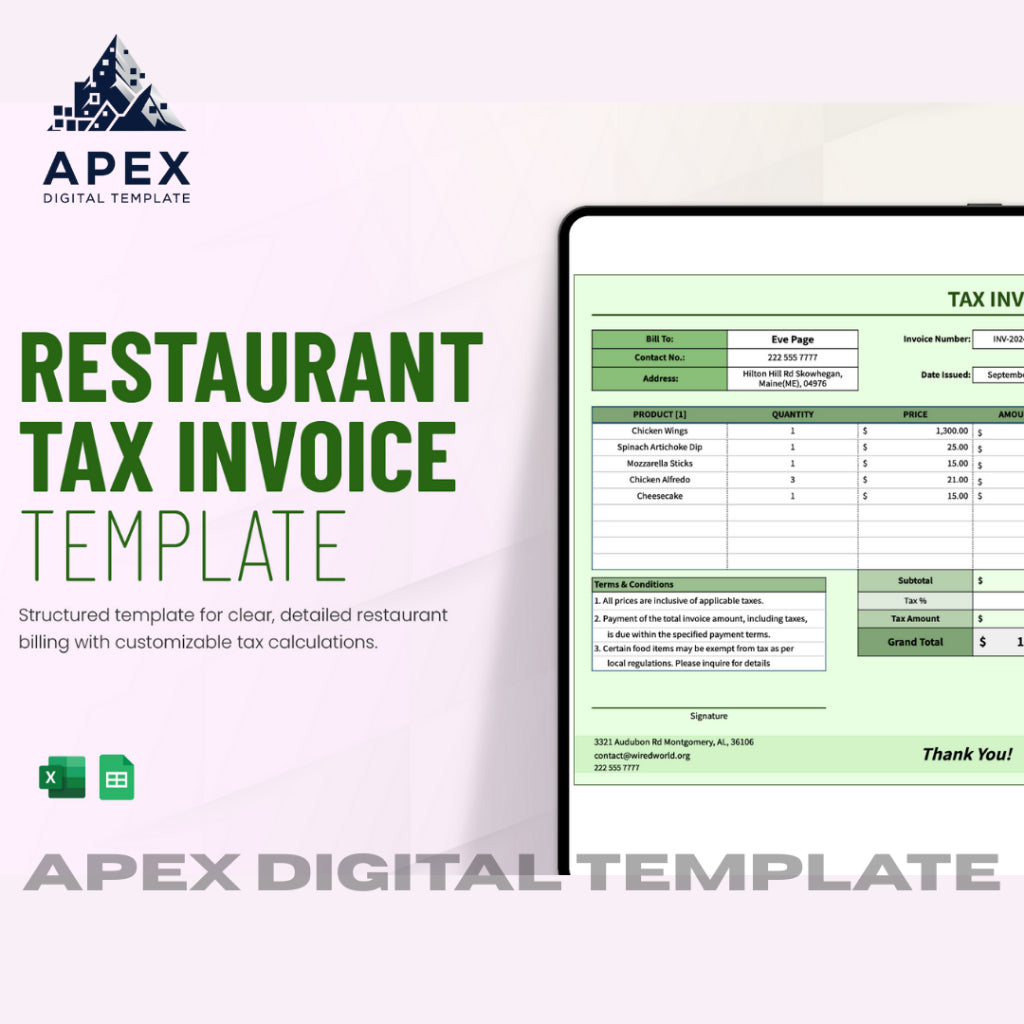 Template Restaurant Tax Invoice | Excel & Spreadsheet | Editable