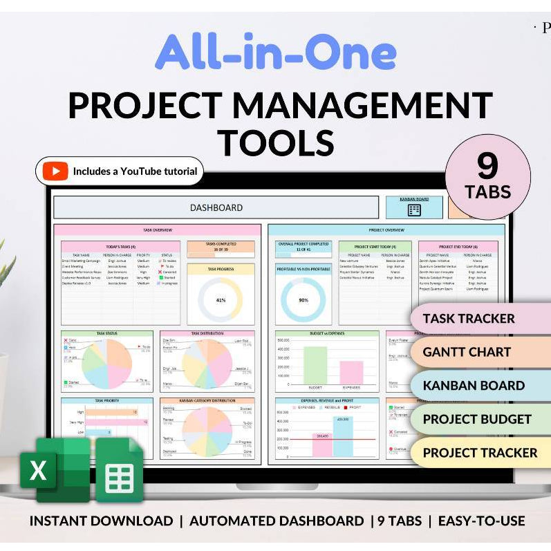 (ADL - 125)  Project Management Tools Spreadsheet | Task Tracker Gantt Chart Kanban for Business