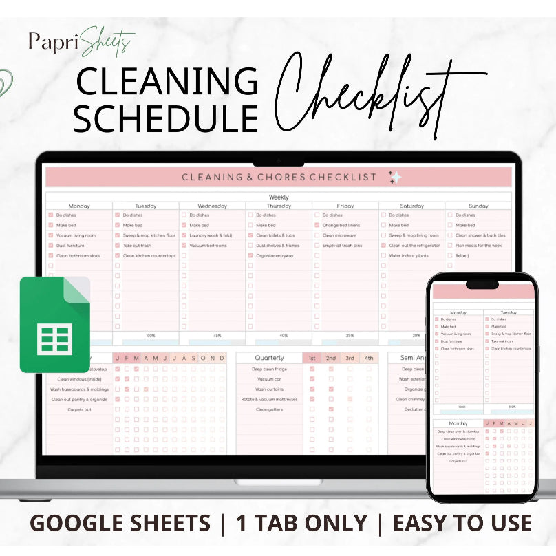 Cleaning Schedule Checklist Template GSheets | Weekly Monthly Yearly Chore Chart & House Planner