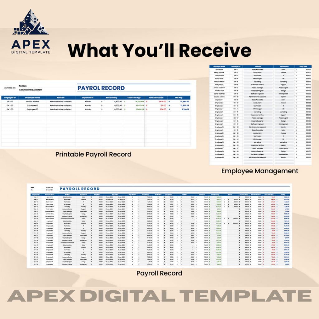 Template Payroll Record | Excel & Spreadsheet | Editable