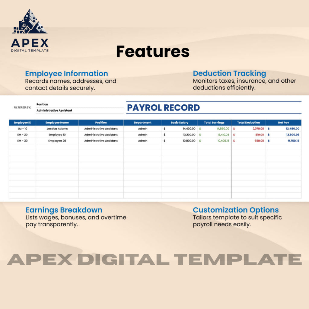 Template Payroll Record | Excel & Spreadsheet | Editable