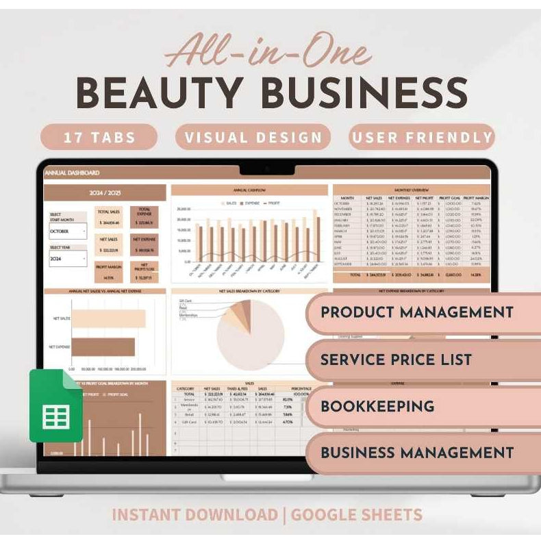 Beauty Business Template | Salon Spa Nail Salon Cost Calculator Income Expense Tracker Spreadsheet