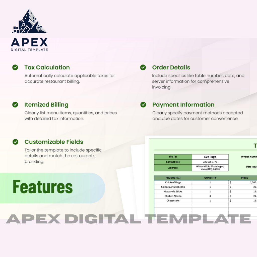 Template Restaurant Tax Invoice | Excel & Spreadsheet | Editable