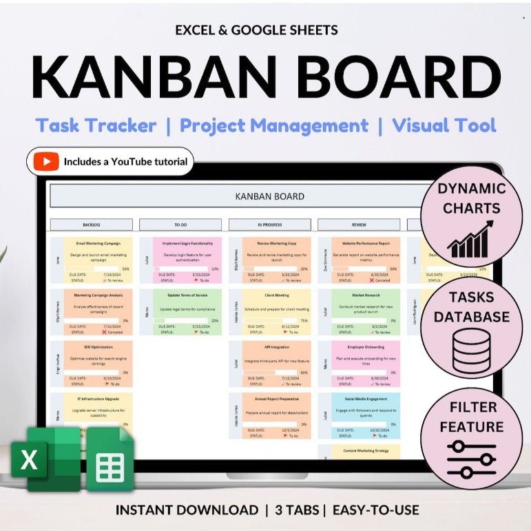 Kanban Board Small Business Excel | Task Tracker Project Planning Checklist To Do List