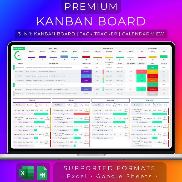 ULTIMATE Kanban Board Excel Google Sheets | Task Tracker Project Management To Do List Planner 2024