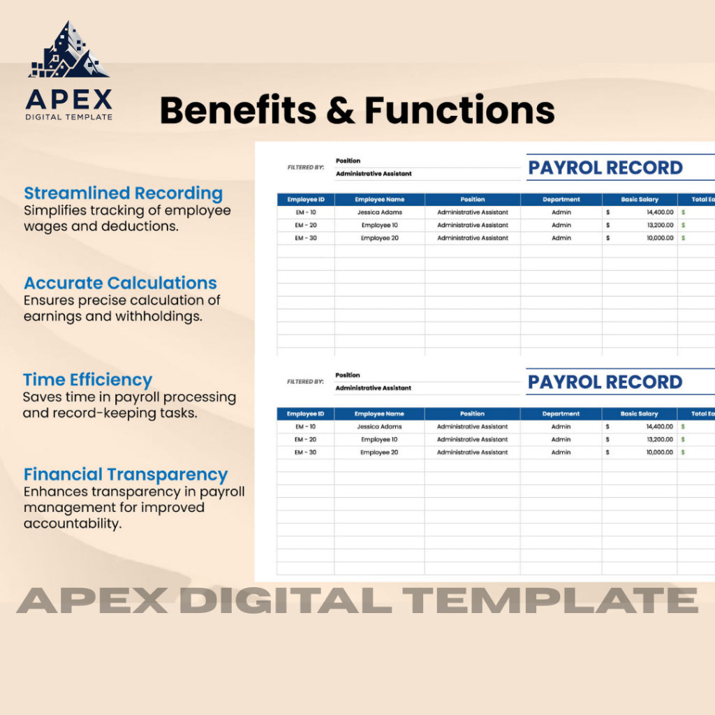 Template Payroll Record | Excel & Spreadsheet | Editable