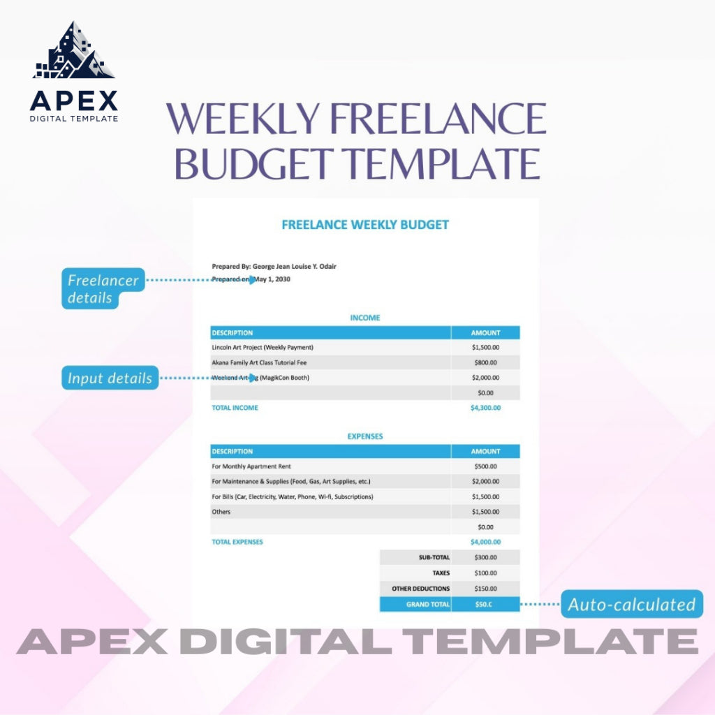Template Anggaran Mingguan Freelance | Format Word, Excel & Spreadsheet | Editable