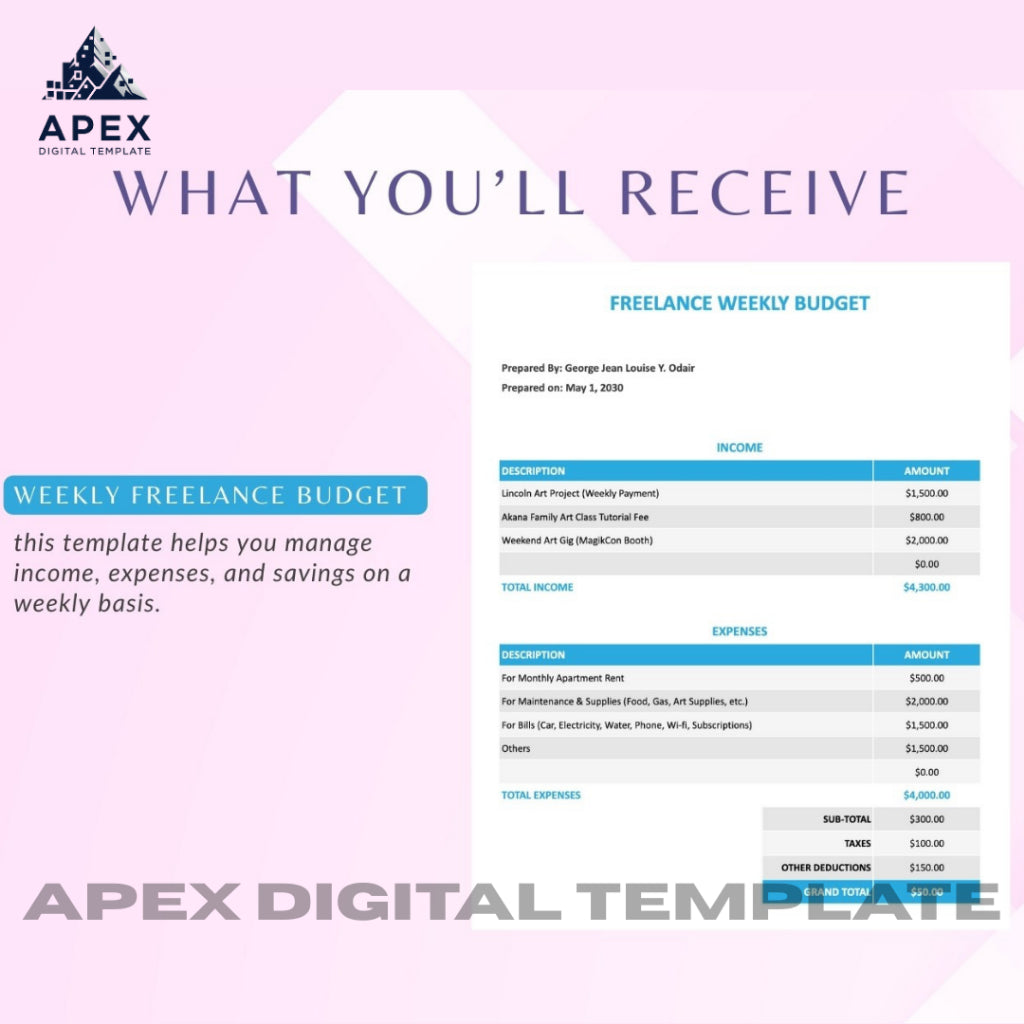 Template Anggaran Mingguan Freelance | Format Word, Excel & Spreadsheet | Editable