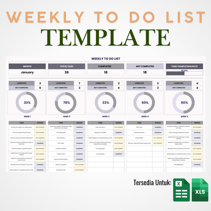 Weekly To Do List Template Excel Google Sheet - Template Jadwal Mingguan, Daftar Tugas Harian dan Mingguan, Planner Produktivitas, Task Management, Agenda Mingguan, Checklist Rencana Kerja