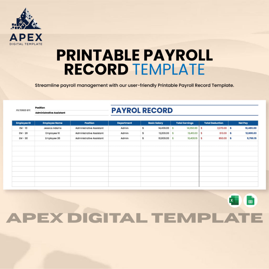 Template Payroll Record | Excel & Spreadsheet | Editable