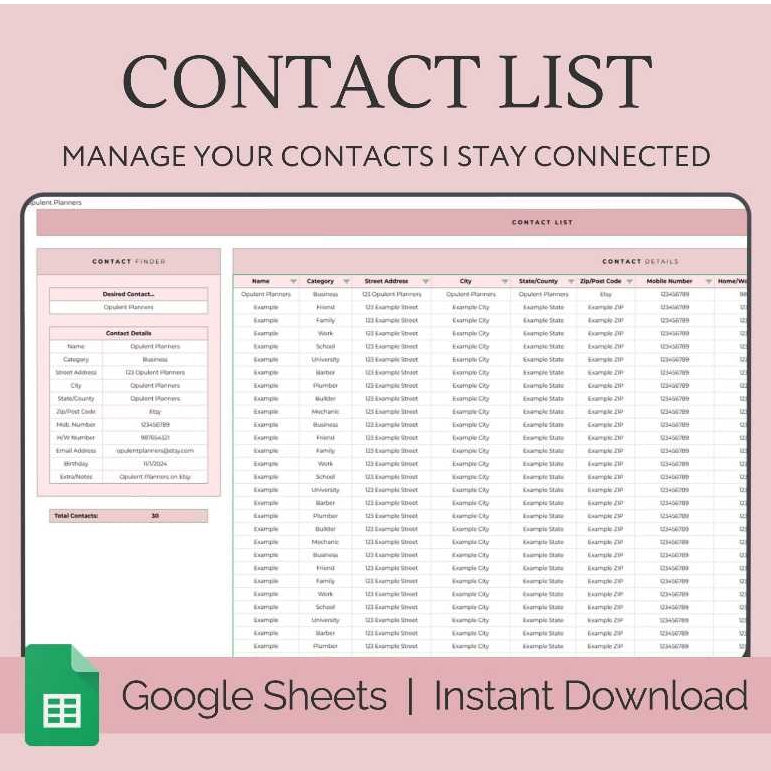 Contact List Spreadsheet Google Sheets | Address Book Organizer Client & Emergency Contact Tracker