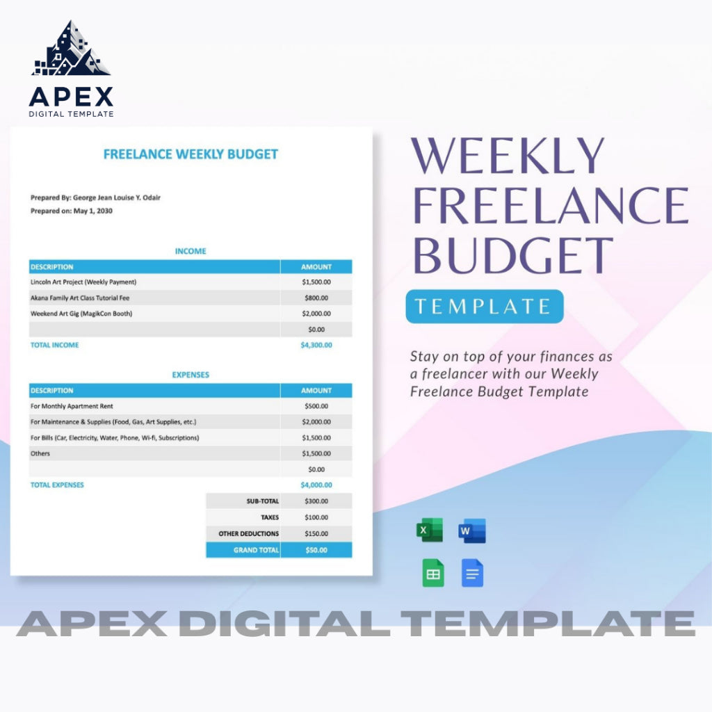 Template Anggaran Mingguan Freelance | Format Word, Excel & Spreadsheet | Editable