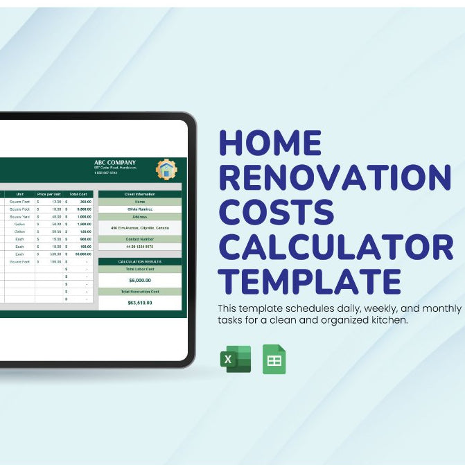 Home Renovation Costs Calculator Template Excel GSheet - Template Estimasi Biaya Renovasi Rumah Lengkap, Kalkulator Anggaran Renovasi, Perhitungan Material dan Biaya Tenaga Kerja