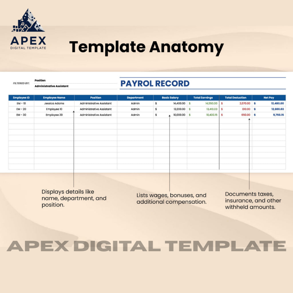 Template Payroll Record | Excel & Spreadsheet | Editable