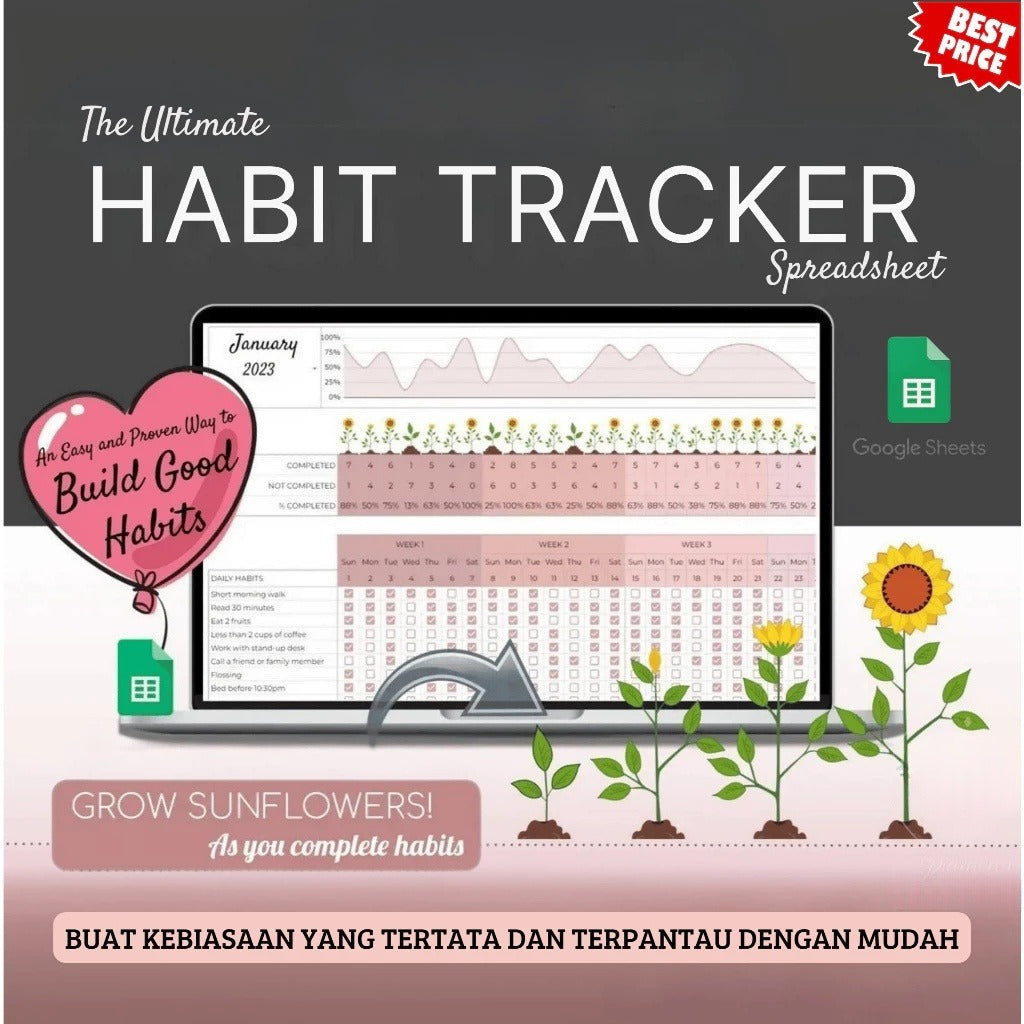 (ADL - 67) Habit Tracker Spreadsheet | Planner Google Sheets Daily Weekly Monthly Goal Tracker