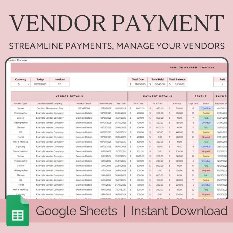 Vendor Payment Tracker Google Sheets | Wedding Vendor Deposit Schedule & Pembayaran Vendor