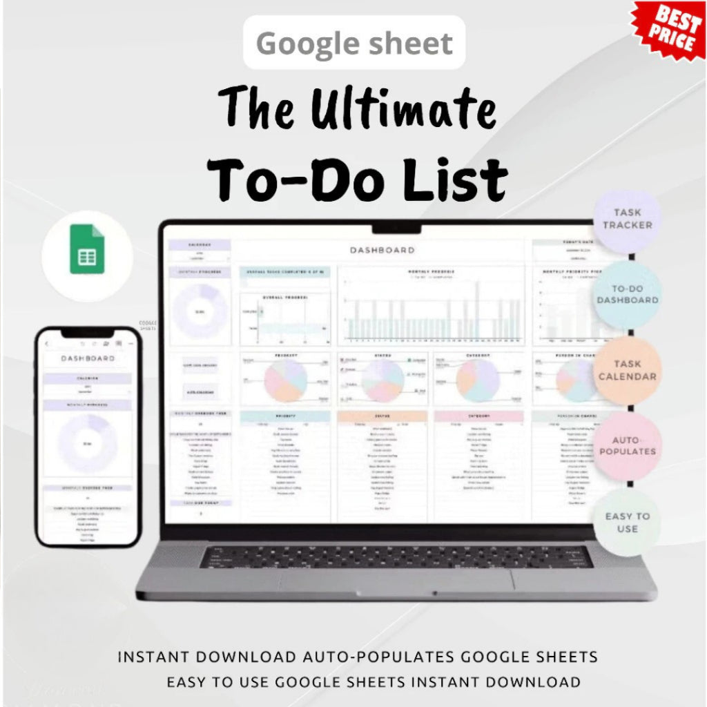 (ADL - 70) Ultimate To Do List Spreadsheet | Daily Weekly Monthly Task Planner & Digital Tracker