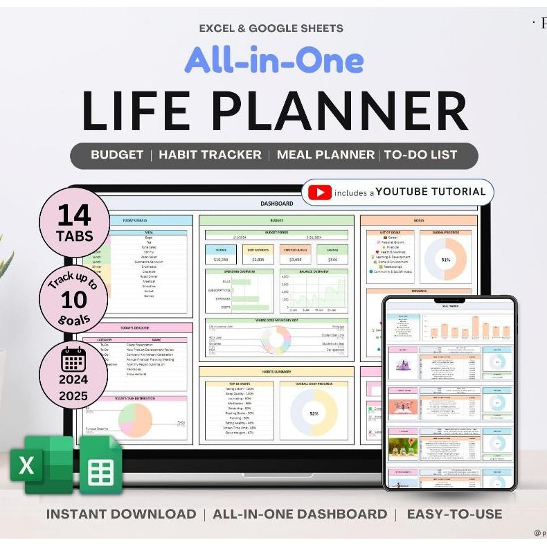 (ADL - 103) LIFE PLANNER LENGKAP 10 in 1 Template Keuangan Anggaran Budget Budgeting Habit Grocery To Do List Weight Health Meal Grocery Harian Minggu Bulanan Annual Planner Tracker Organizer Calculator Calender Dashboard Sheets & Excel