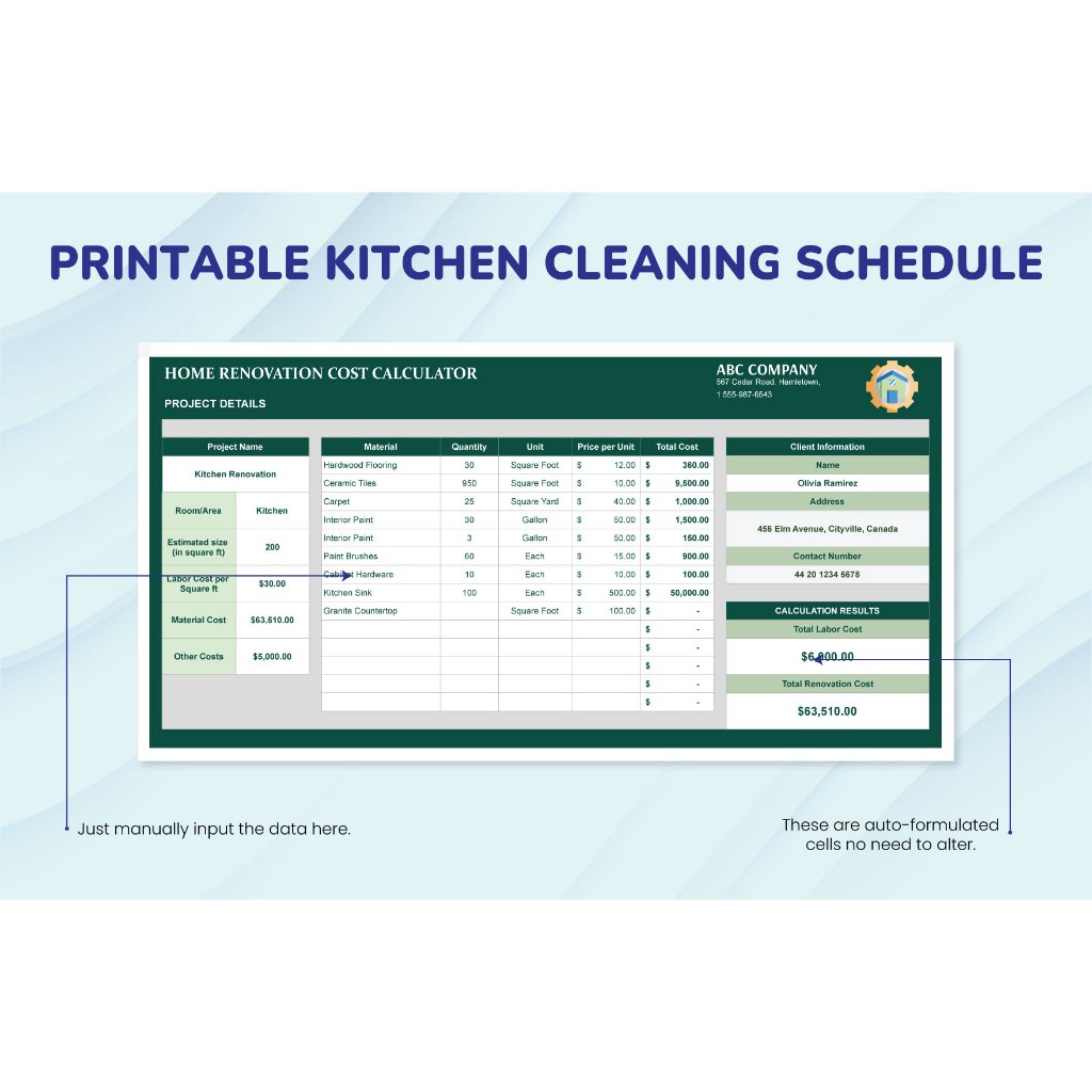 Home Renovation Costs Calculator Template Excel GSheet - Template Estimasi Biaya Renovasi Rumah Lengkap, Kalkulator Anggaran Renovasi, Perhitungan Material dan Biaya Tenaga Kerja