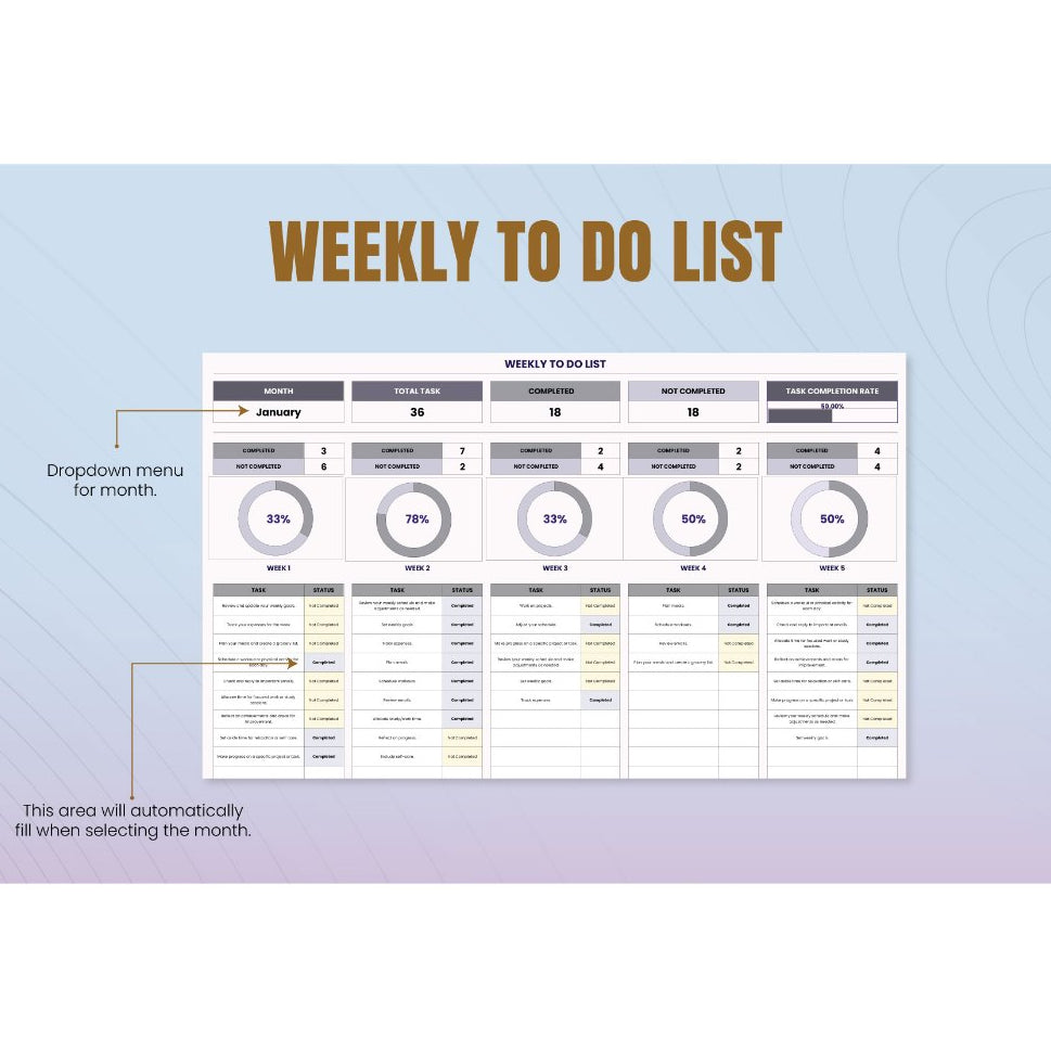 Weekly To Do List Template Excel Google Sheet - Template Jadwal Mingguan, Daftar Tugas Harian dan Mingguan, Planner Produktivitas, Task Management, Agenda Mingguan, Checklist Rencana Kerja