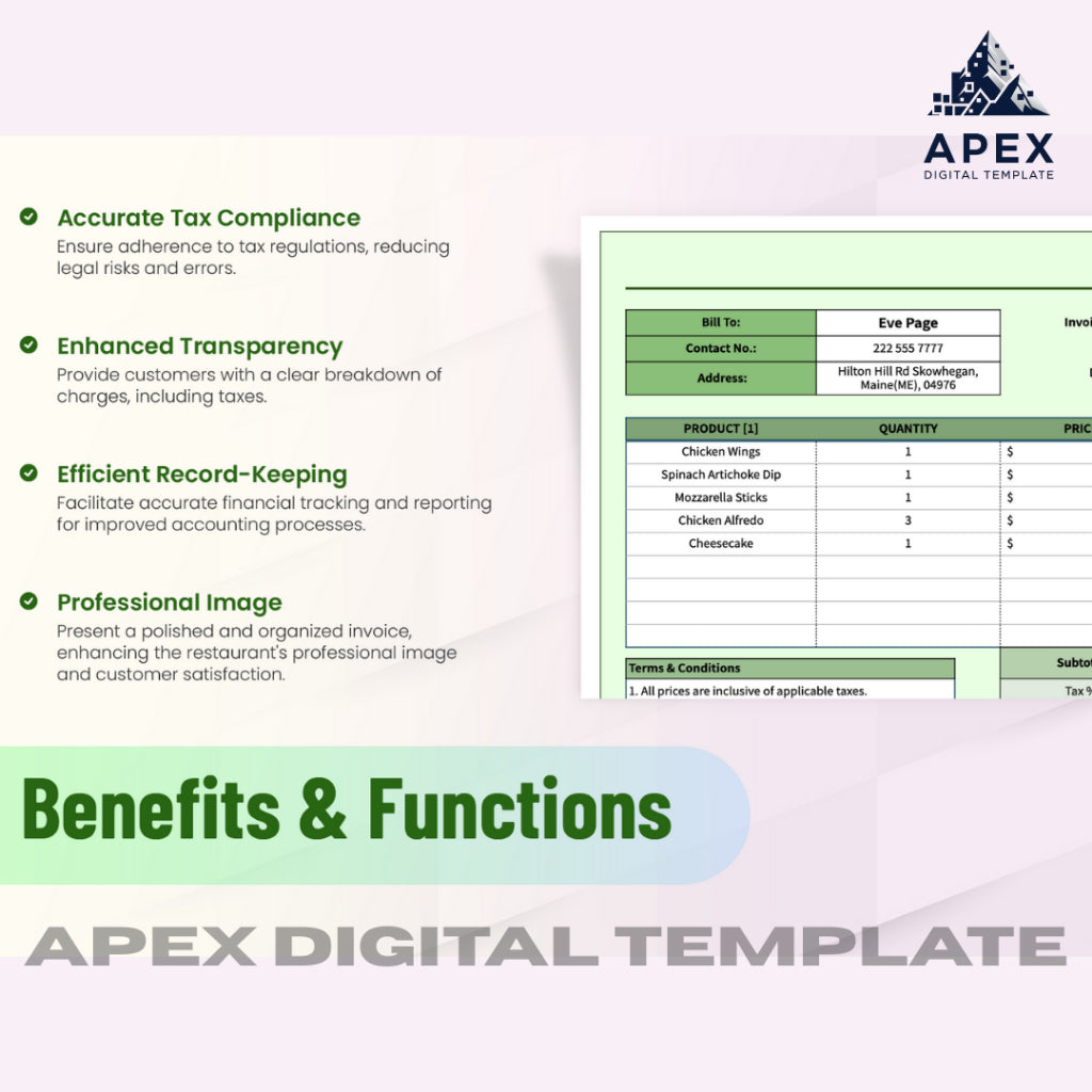 Template Restaurant Tax Invoice | Excel & Spreadsheet | Editable