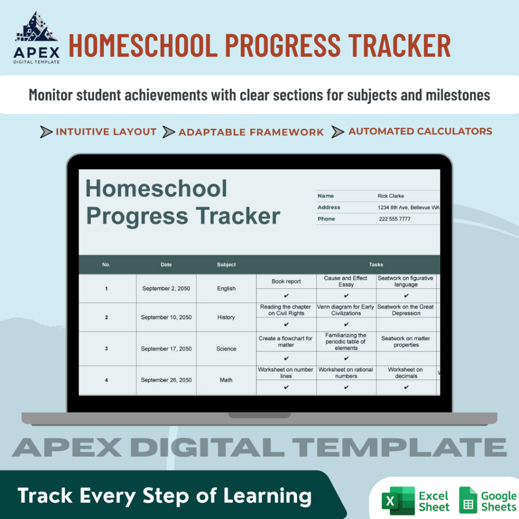Template Pelacak Perkembangan Belajar Homeschool | Laporan Nilai & Jadwal Belajar Anak