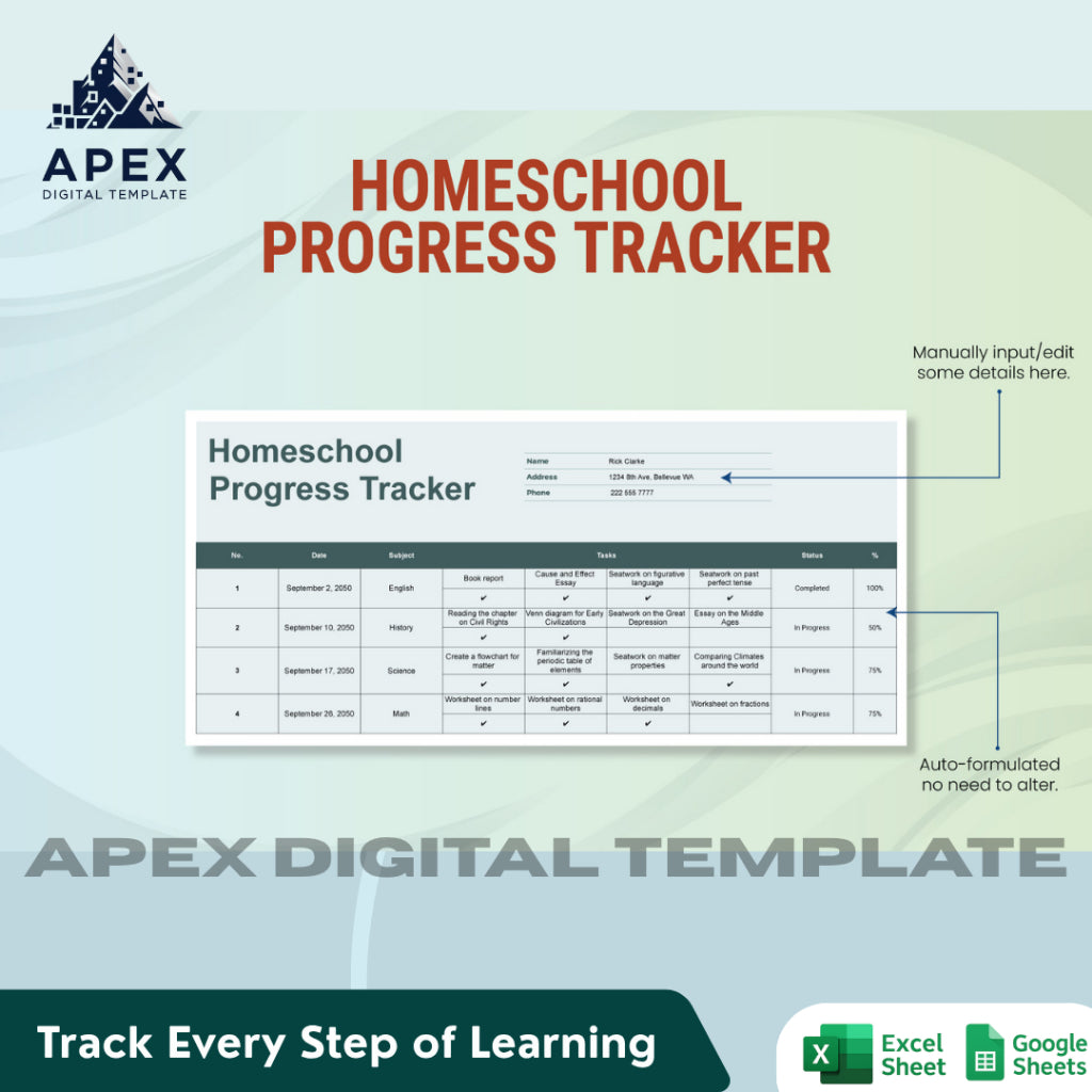 Template Pelacak Perkembangan Belajar Homeschool | Laporan Nilai & Jadwal Belajar Anak