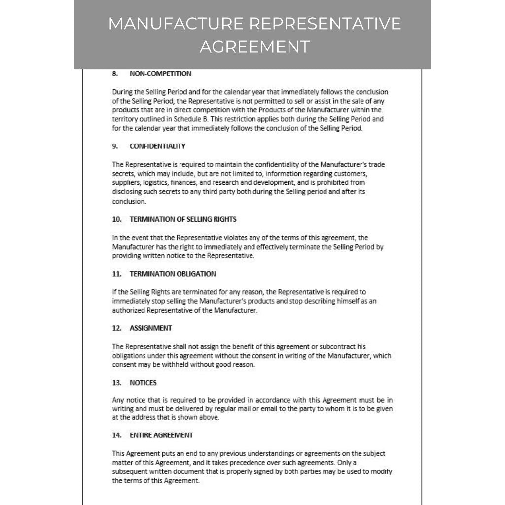 MANUFACTURER REPRESENTATIVE AGREEMENT