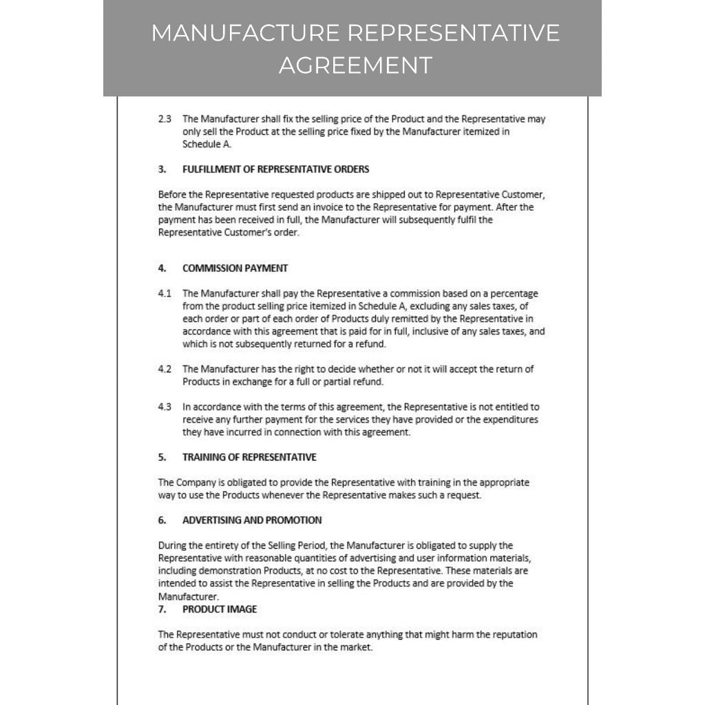 MANUFACTURER REPRESENTATIVE AGREEMENT