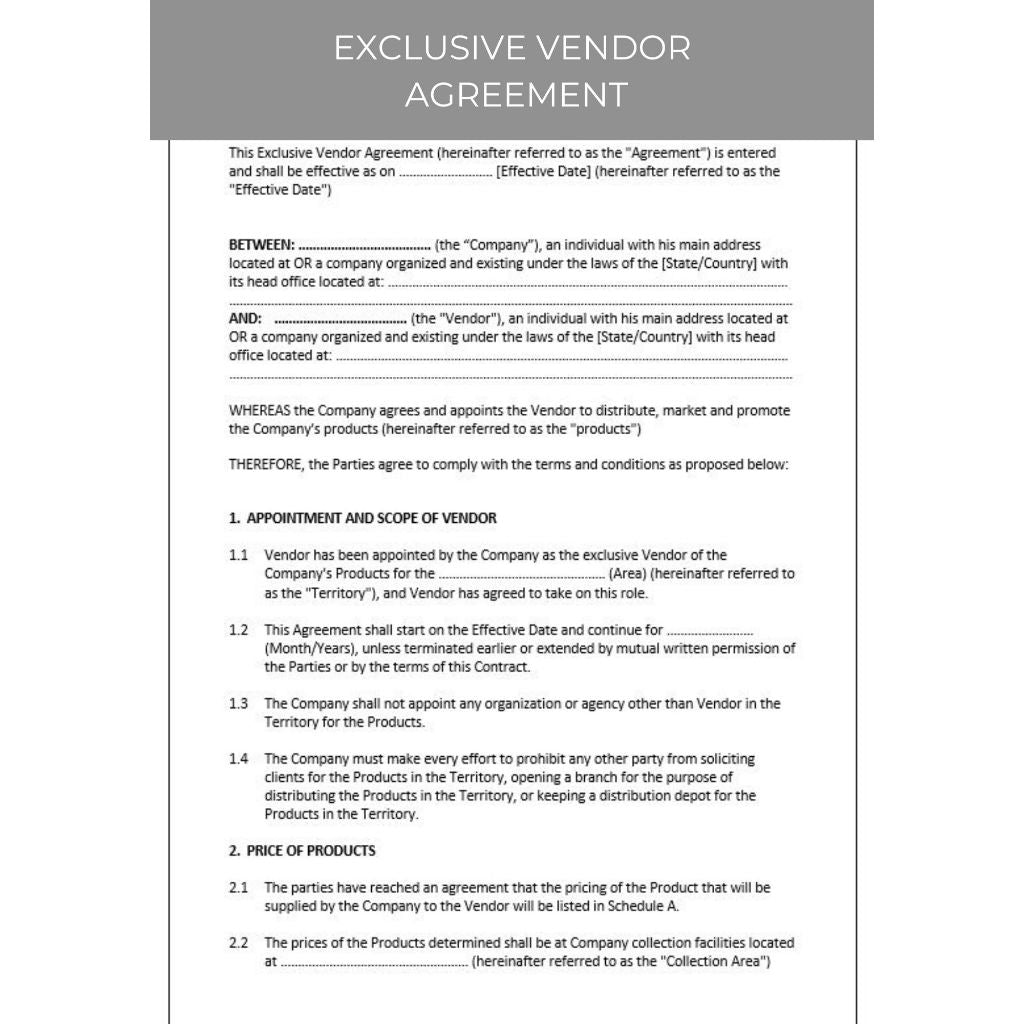 EXCLUSIVE VENDOR AGREEMENT