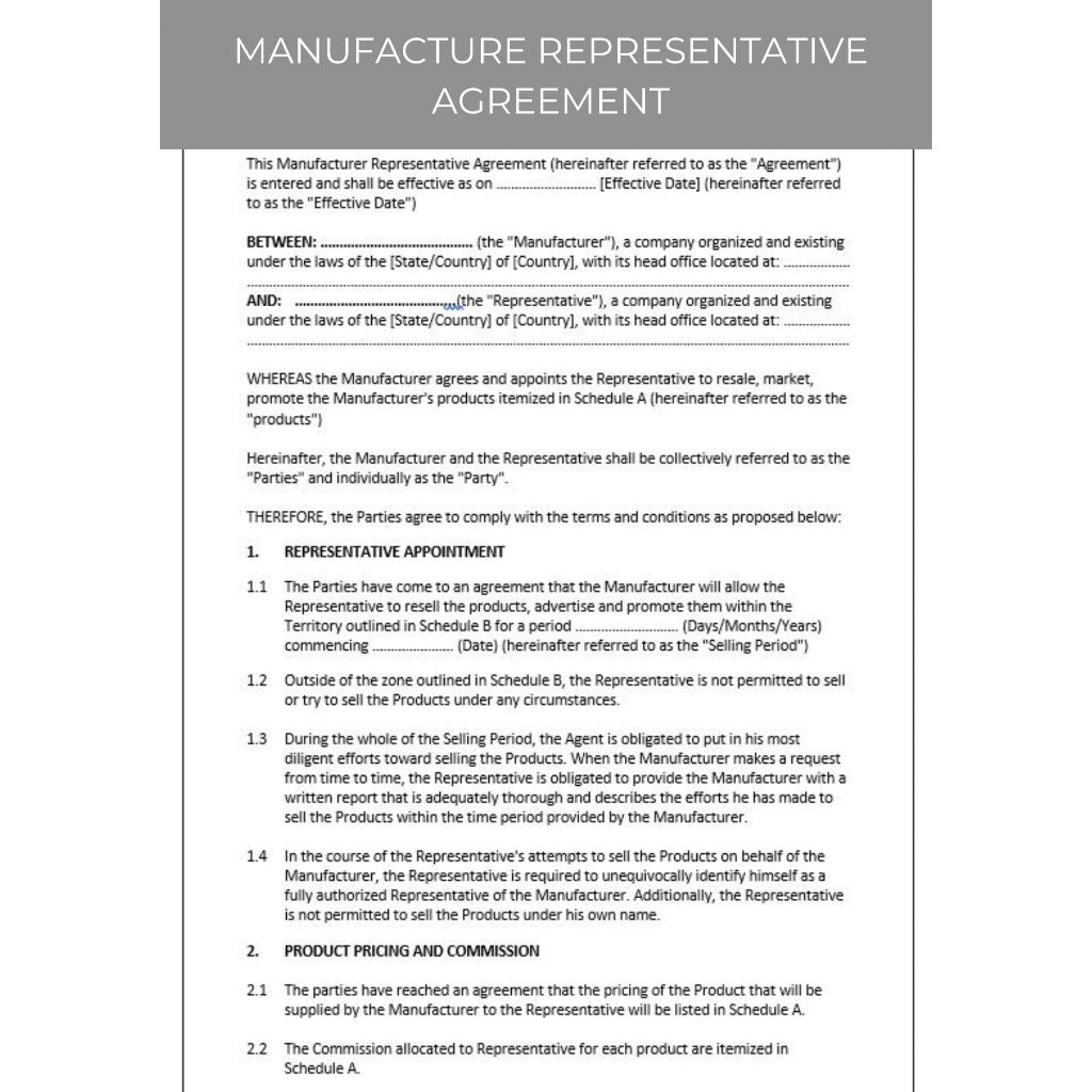 MANUFACTURER REPRESENTATIVE AGREEMENT