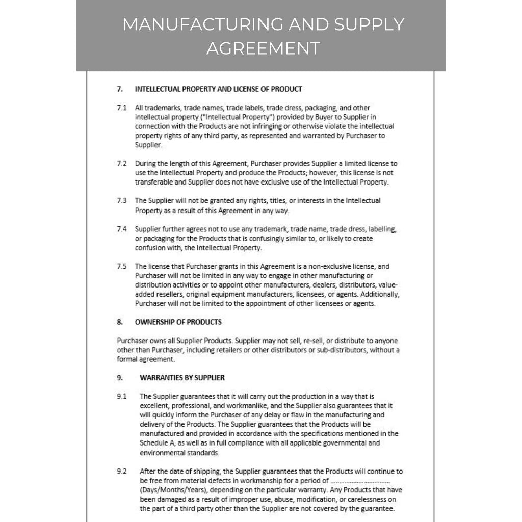 MANUFACTURING AND SUPPLY AGREEMENT