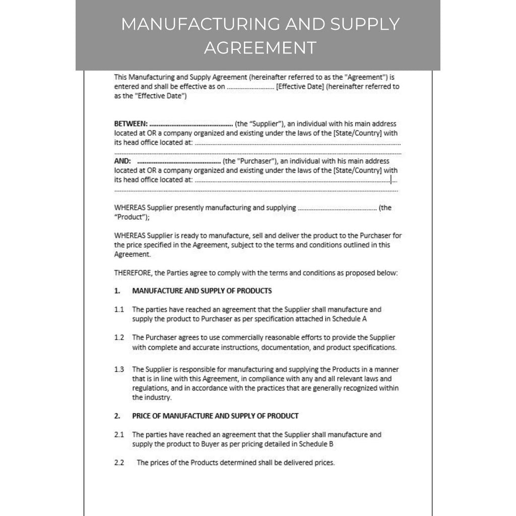MANUFACTURING AND SUPPLY AGREEMENT