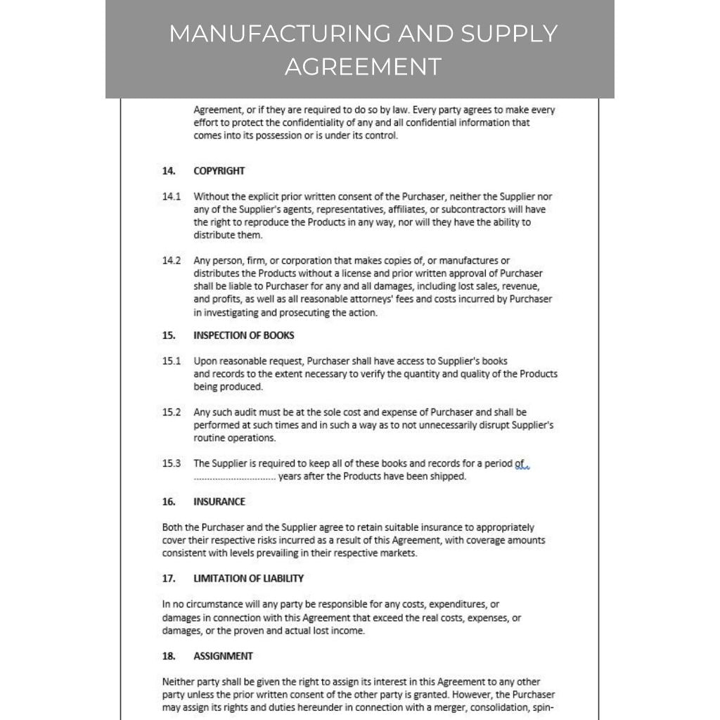 MANUFACTURING AND SUPPLY AGREEMENT