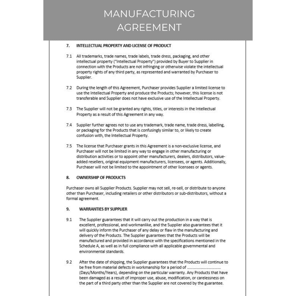 MANUFACTURING AGREEMENT