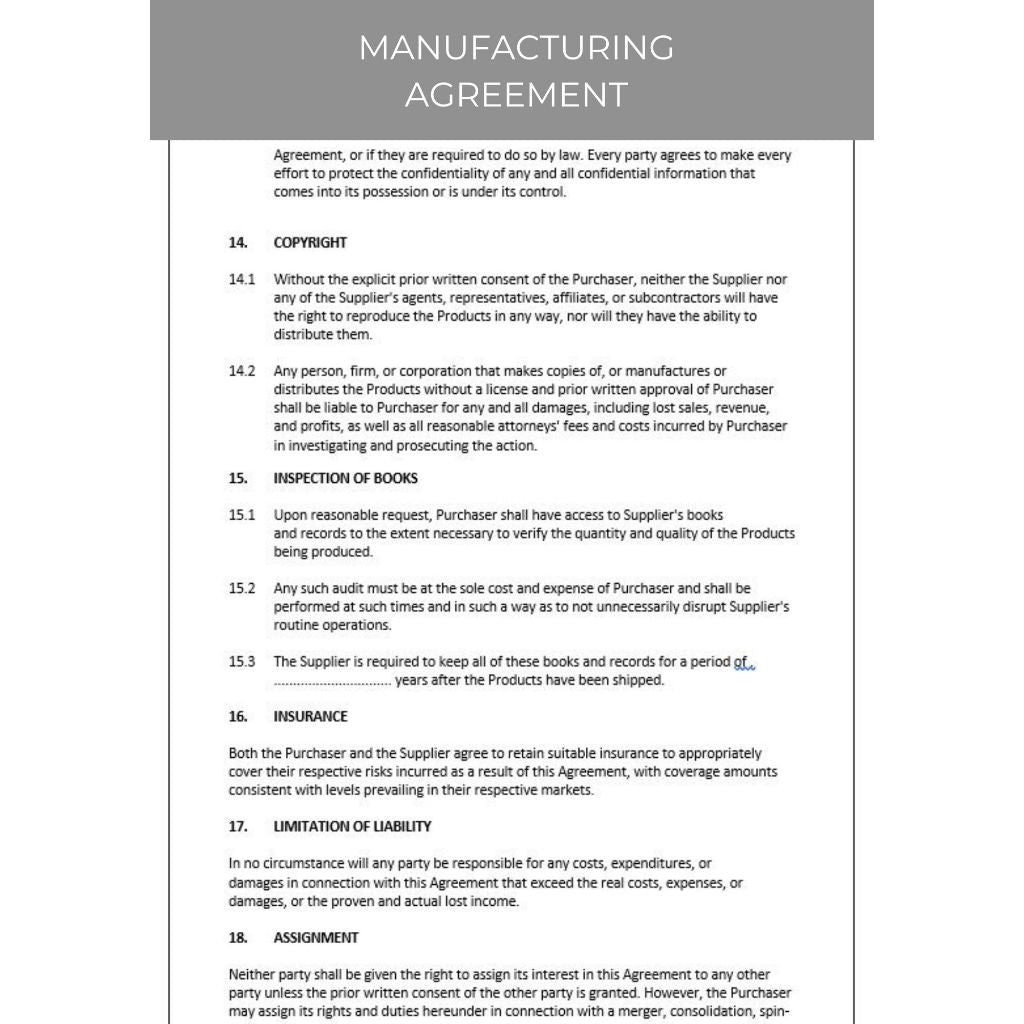 MANUFACTURING AGREEMENT
