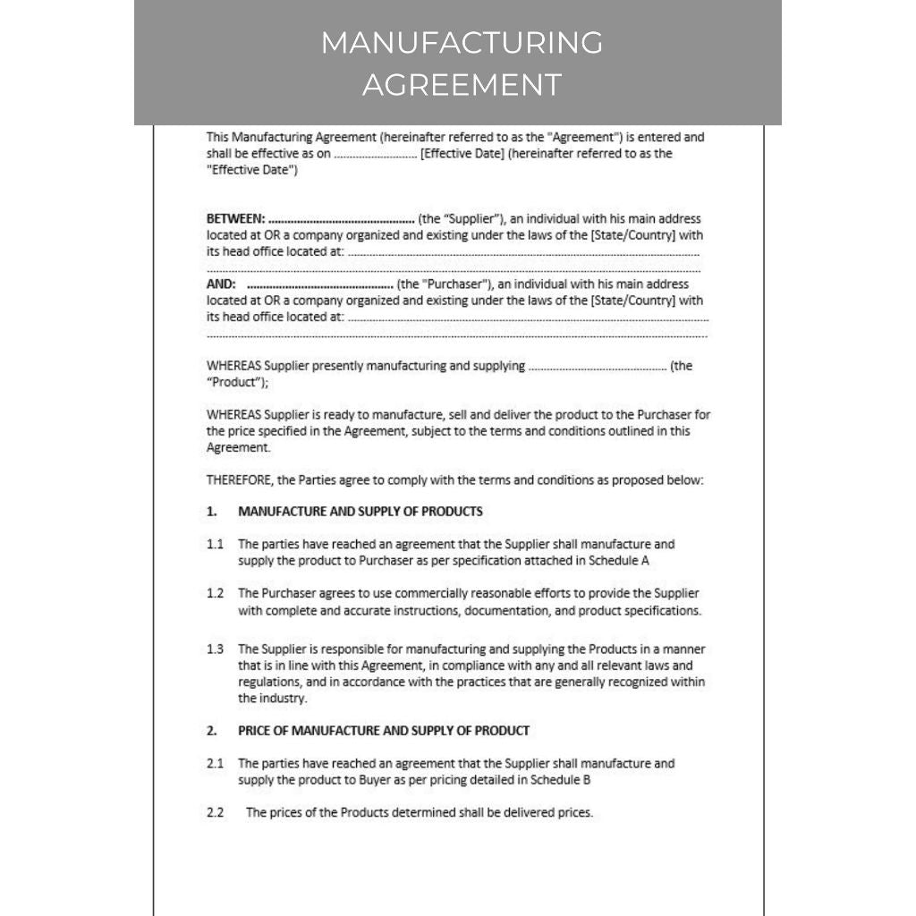 MANUFACTURING AGREEMENT