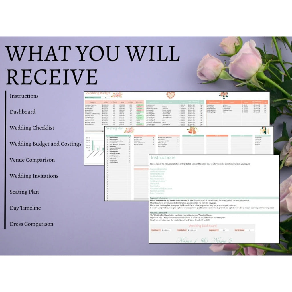 All-in-One Wedding Planner Excel Template – Budget, Timeline, Guest List & Seating Chart Included