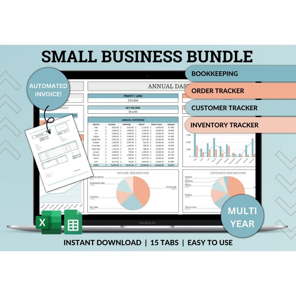 Small Business Management Bundle – All Automated Bookkeeping, Customer, Order & Inventory Tracker Spreadsheet in Excel