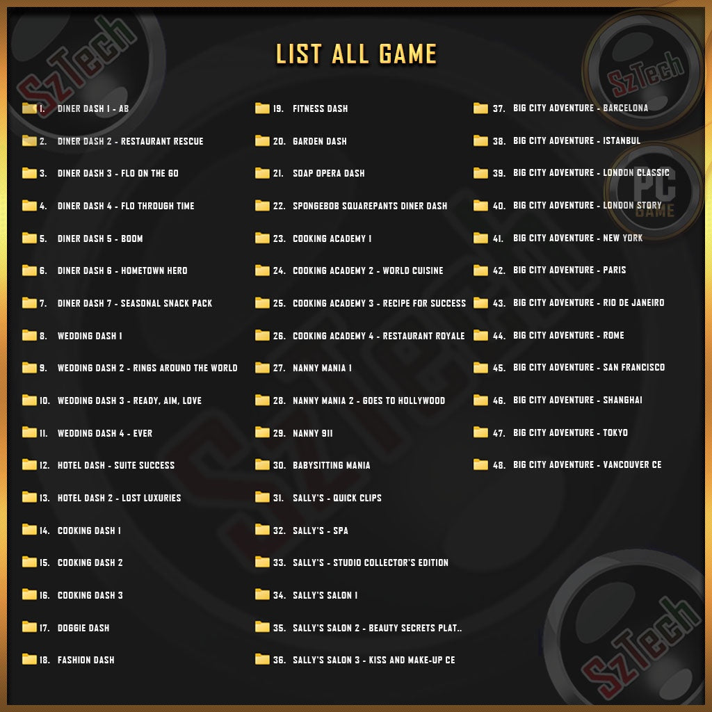 7 Diner Dash2 Hotel Dash4 Wedding Dash4 Nanny Mania4 Cooking Academy12 Big City Adventure6 Sally's