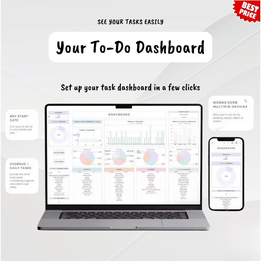 (ADL - 70) Ultimate To Do List Spreadsheet | Daily Weekly Monthly Task Planner & Digital Tracker