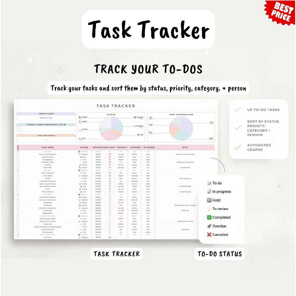 (ADL - 70) Ultimate To Do List Spreadsheet | Daily Weekly Monthly Task Planner & Digital Tracker